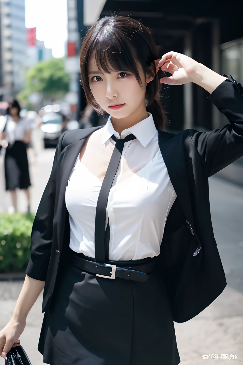 Woman in black suit and white shirt walking down the street - SeaArt AI