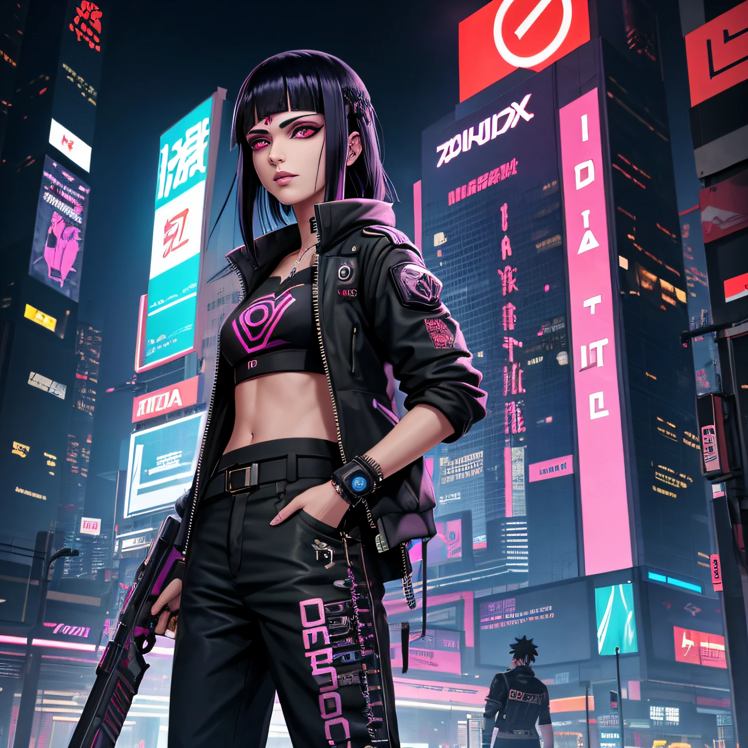 melhor qualidade, obra-prima, cinemactic, realista, Cyberpunk, cidade cyberpunk, Neon light, volumeric lighting, black sky, (chovendo, trovoada), ""identical character Hinata from the boruto anime"" rosto pefeito detalhes no olhar e no rosto em alta qualidade tudo bem detalhado (roupas cyberpunk, moletom, Slacks, roupas punk), water reflecting off the ground, ((rosto oculto)), Close-up, (roupas rasgadas), bunda de bolha,