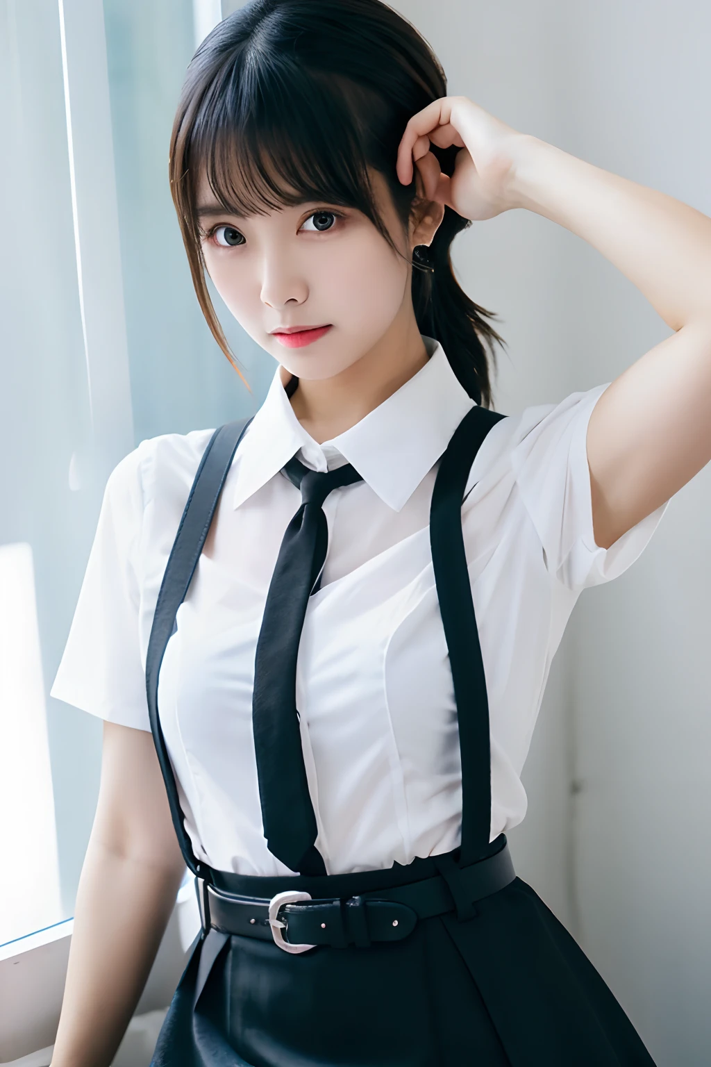 Araffe asian woman in a white shirt and black suspenders - SeaArt AI