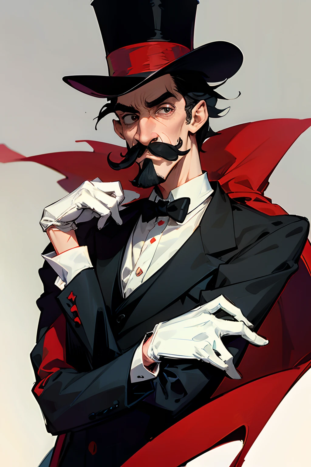 ugly old man, huge nose, pointy nose, long nose, black hair, moustache, top hat, tuxedo, red cape, white gloves, lanky, skinny man, big chin