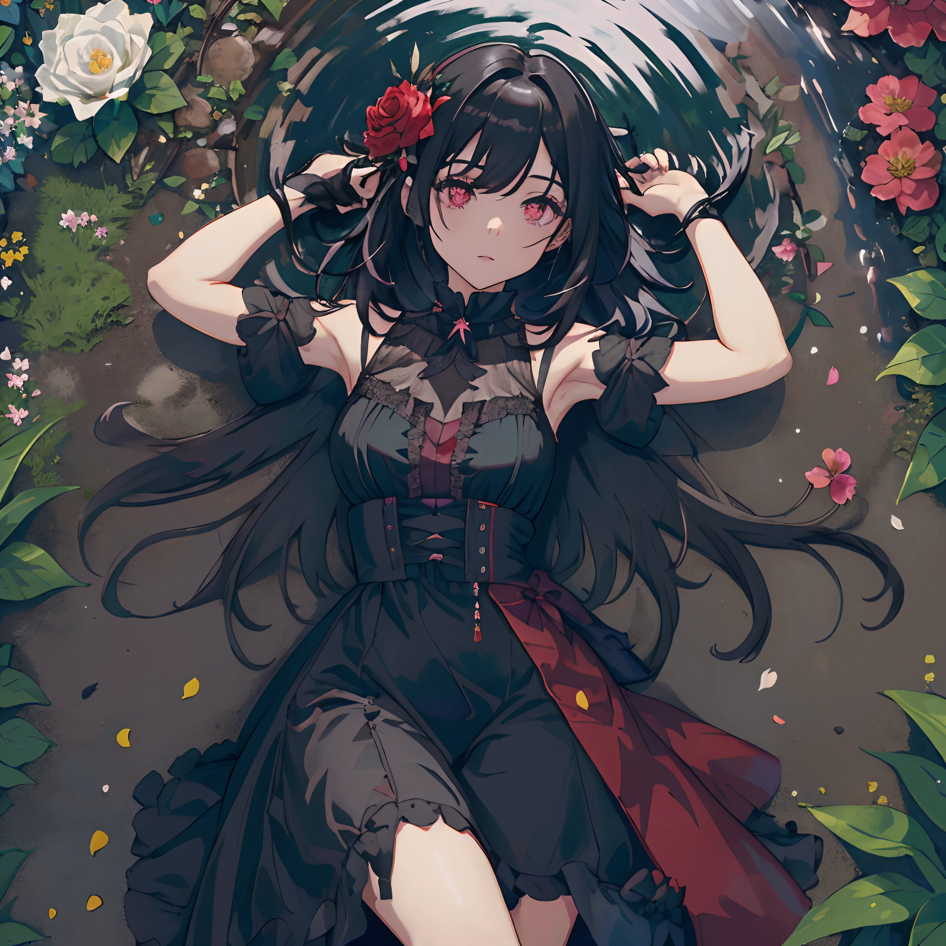 (very long hair, dress, dress negro, big breasts, Red hair, 1girl, hair ornament, bare shoulders, black gloves, only, gloves,  Red eyes, purple eyes, symbol-shaped pupils, diamond-shaped pupils, neckline, Boots, black shoes, flower petals, flower, glass, Campaign, mountains, lake, nature, Garden with Blood Swamp, goth clothes, goth girl,  black clothes, dark colors, Red Sky, chaos