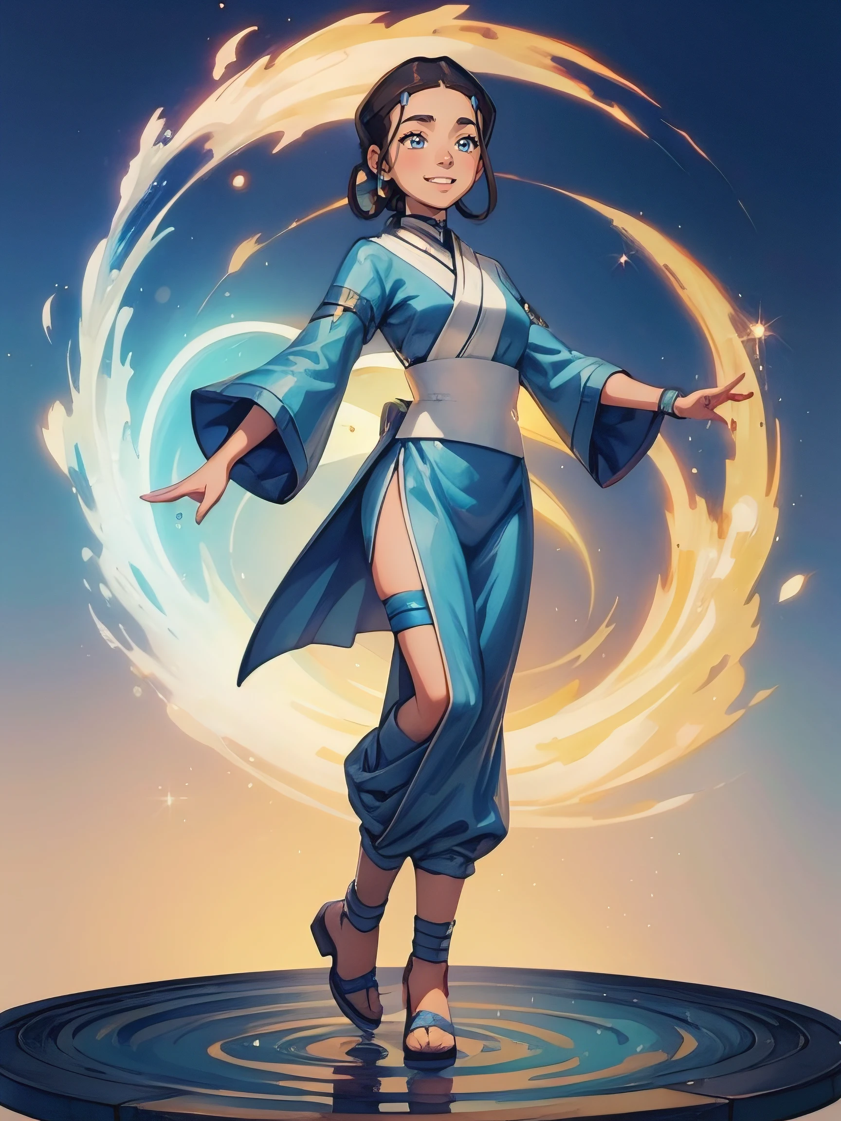1girl, solo, (masterpiece), best quality, ultra-detailed, Katara from Avatar, Retro style, full body. fashion cloth, fancy. waterbending, happy, sexy smiling