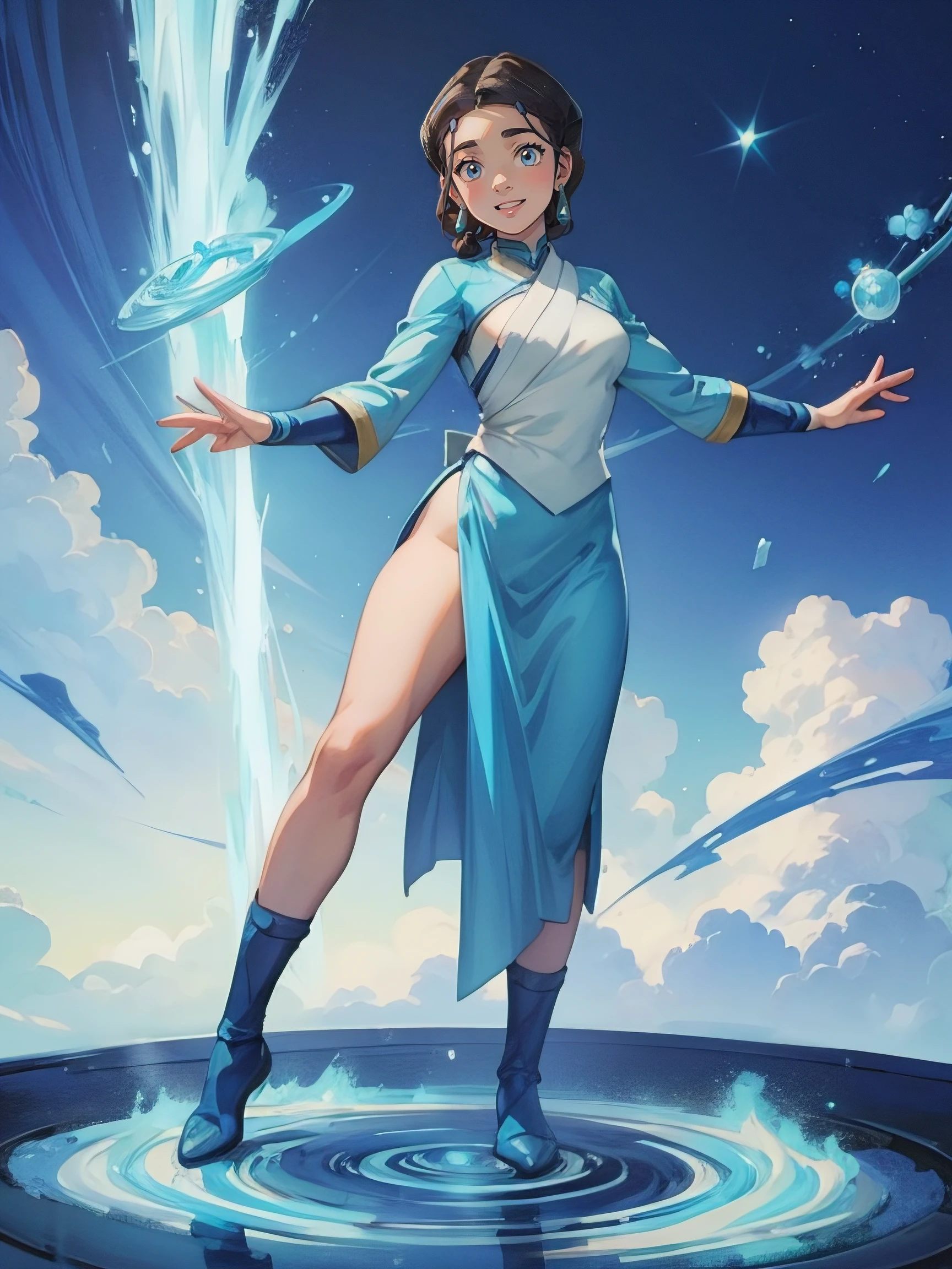 1girl, solo, (masterpiece), best quality, ultra-detailed, Korra from Avatar, Retro style, full body. fashion cloth, fancy. waterbending, happy, sexy smiling