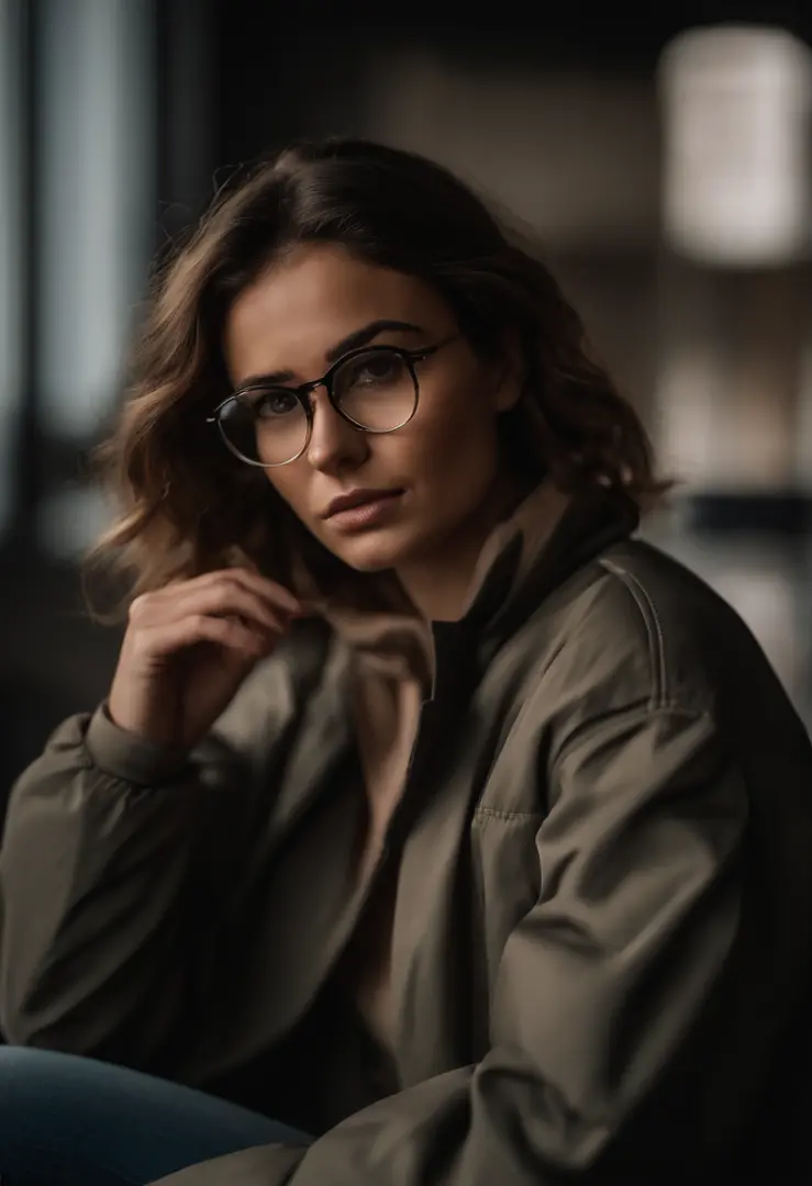 Brown haired girl in glasses, semblante triste, olhos castanhos, There Skin Color Bios, o brown glasses, jaqueta preta, black legging pants, Gray sports sneakers with white.
