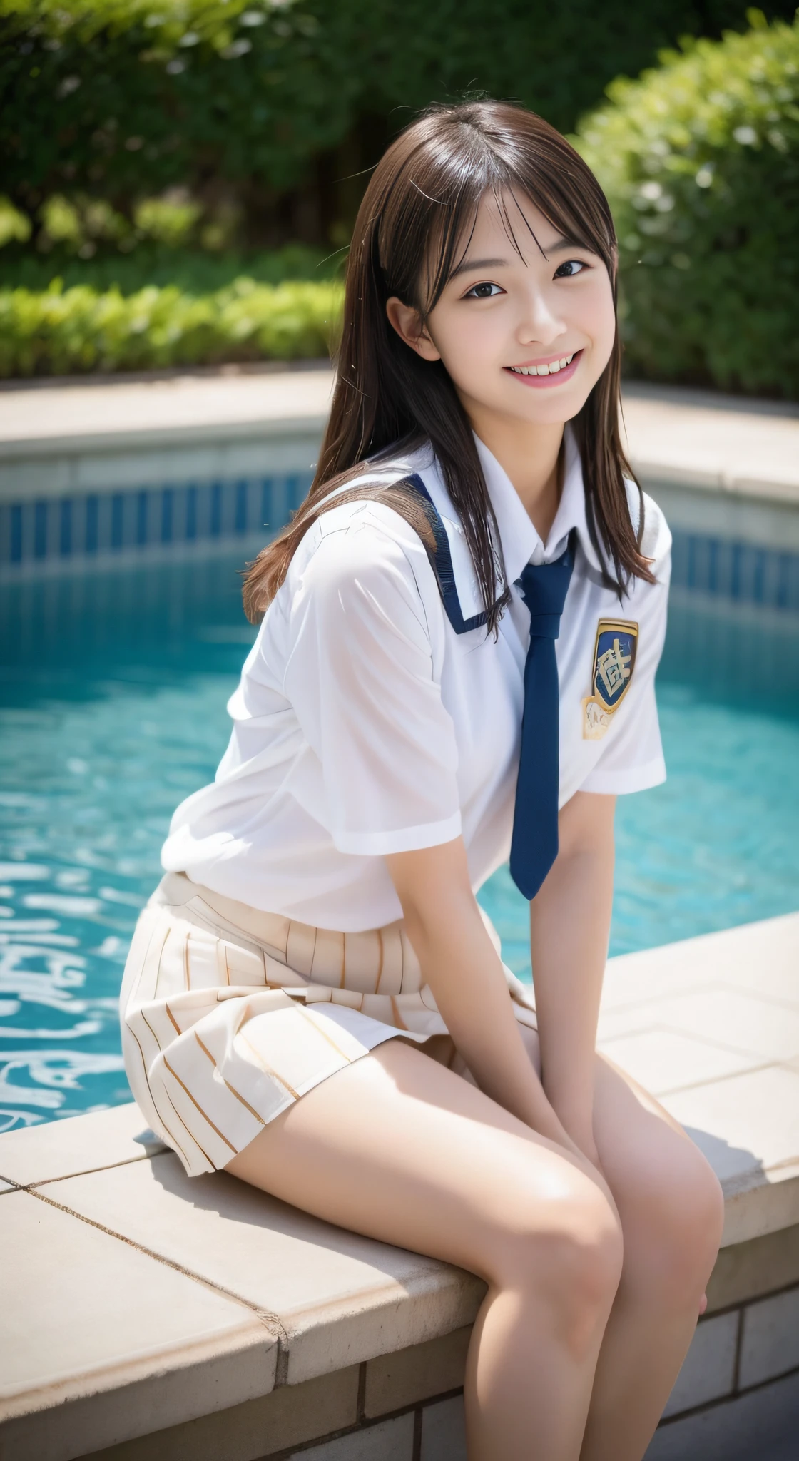 (32ｋ,high detal,high-detail、​masterpiece,Attention to detail))),Arab-asian woman in uniform, Realistic Young Gravure Idol, Surreal１７Year old high school girl, , japanese girl school uniform, a hyperrealistic schoolgirl,Young Pretty Gravure Idol, wearing japanese school uniform, Young Sensual Gravure Idol, Young Gravure Idol, Beautiful but laughter、Innocence１7 year old schoolgirl,the whole body is wet,dripped out,with a flushed face,Incredibly beautiful legs,thighs thighs thighs thighs,Tremendously beautiful１,natural soft light、The body is dripping wet,Sheer clothing,,Brown shiny hair,Hair is wet,Dripping water,dripping,,Have a troubled face,a miniskirt（,bare-legged,Pool cleaning,Sit up,Feet in the water,Wet and see-through white short sleeve shirt,summer clothing,I feel like I can see a little more of my pants ...,Gentle smile,Look at who you like,Splashes that make your legs flap：1.5）