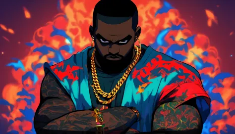 Kanye West with his arms crossed, sem camisa, Tatuado,magro, Gold chain around his hip hop style neck, cabelos vermelho, Sobrancelhas vermelhas, cavanhaque vermelho, GTAV Estilo dos desenhos animados, com fundo vermelho, com raios azuis, estilo dos desenho...