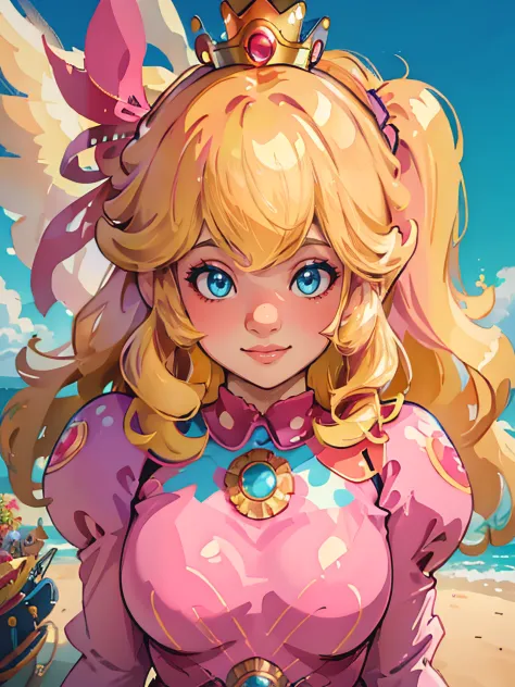 (best quality,4k,8k,highres,masterpiece:1.2),ultra-detailed,(realistic,photorealistic,photo-realistic:1.37),princess peach from mario kart videogame, cute and lovely, biker suit, beautiful detailed eyes,beautiful detailed lips,extremely detailed eyes and f...