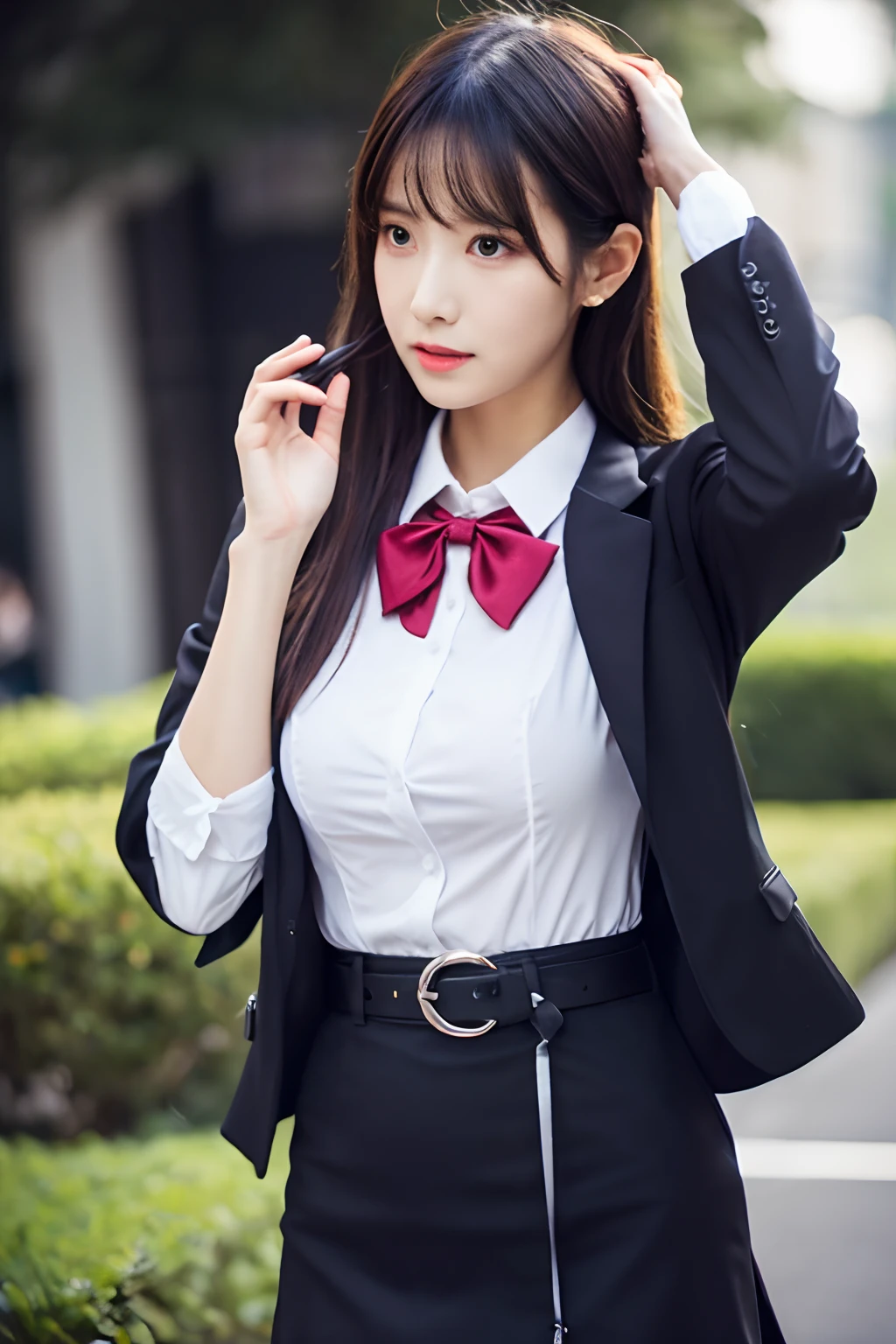 A close up of a woman in a suit and bow tie - SeaArt AI