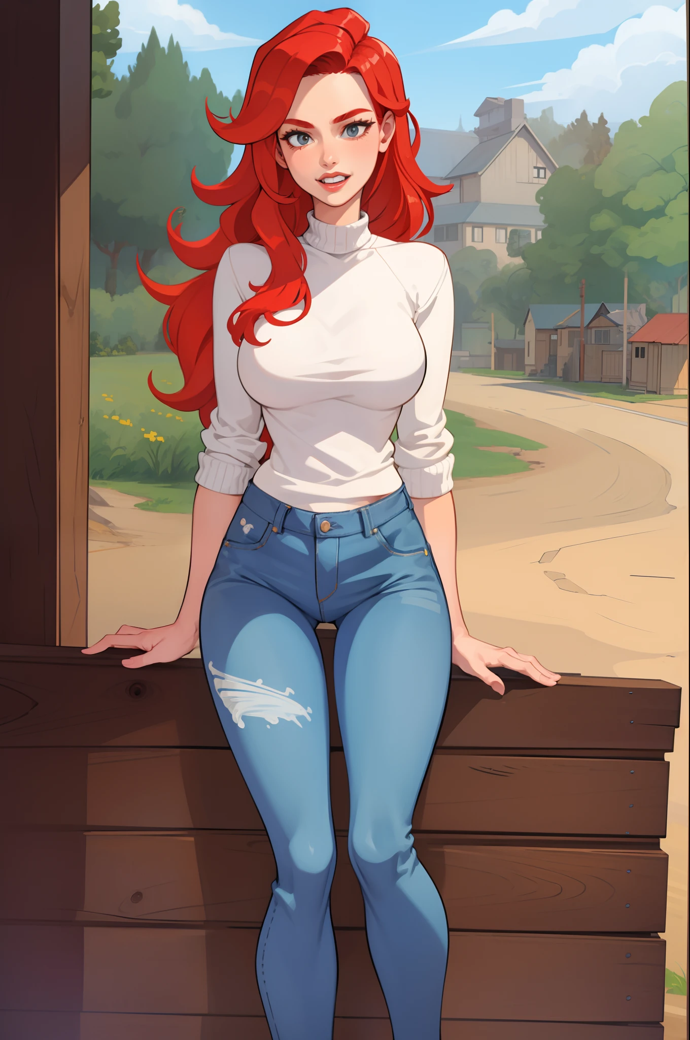 A cartoon girl with red hair and jeans posing for a picture SeaArt AI