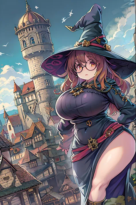 Fantasy,magic power,Realistic Girl Witch、bbw、huge-breasted、Anime style、Round glasses、Medieval cityscape