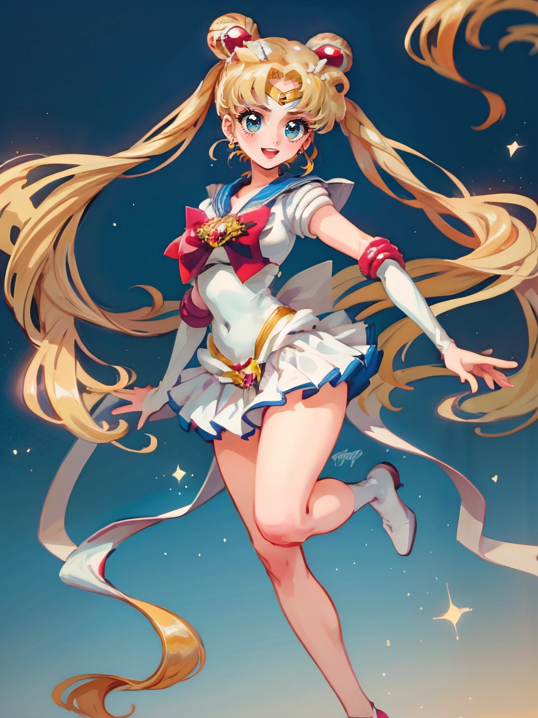 1girl, solo, (masterpiece), best quality, ultra-detailed, Sailor moon, aausagi, double bun, twintails, style, full body. fashion cloth, fancy. happy, smiling