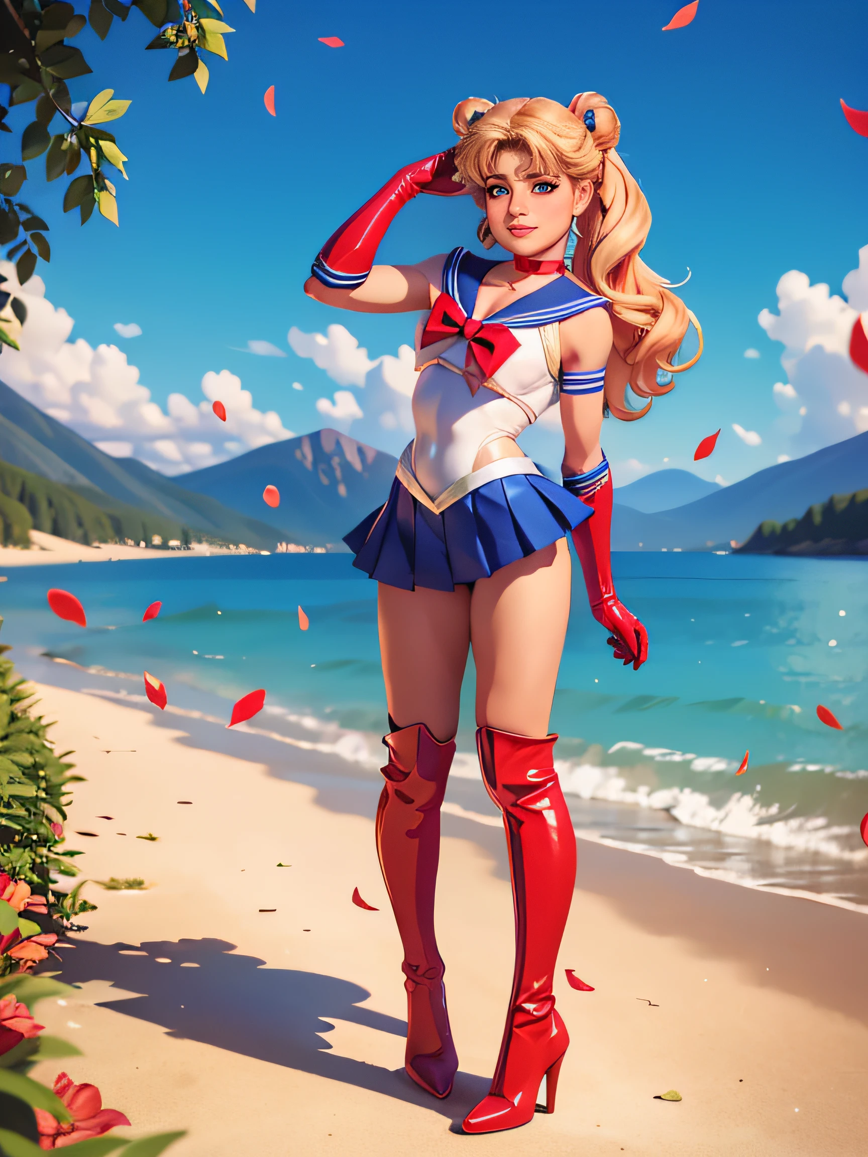 (8k, RAW photo, best quality, masterpiece:1.2), (ultra highres:1.0), detailed illustration, detailed, (realistic, photo-realistic:1.37), detailed beautiful skin, sailor moon, (1 girl: 1.2),(full body:1.2),(hand of Guido Daniele:1.2), slim body, cute, happy, long hair, long leg, cleavage,blue skirt,red bow,blue eyes,blond hair,twin tails,hair bun,hair ornament,blue sailor collar, red choker, red boots, high heels, sailor senshi uniform, white gloves,tiara,elbow gloves,pleated skirt,knee boots blue sky, beautiful sky, (scenery), lake, falling petals, falling leaves, cowboy shot, SAILOR MOON costume.