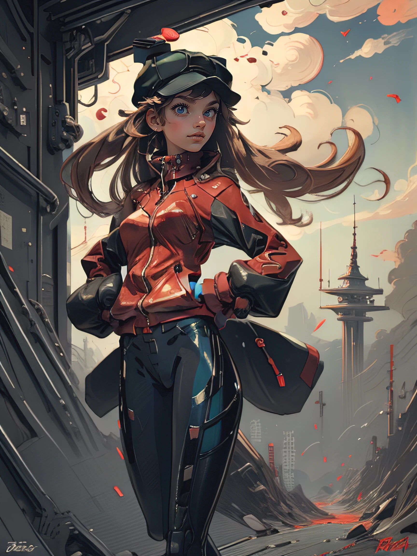 1girl, solo, (masterpiece), best quality, ultra-detailed, souryuu asuka langley,  Retro style, full body. fashion cloth, fancy. red jacket, cat hat