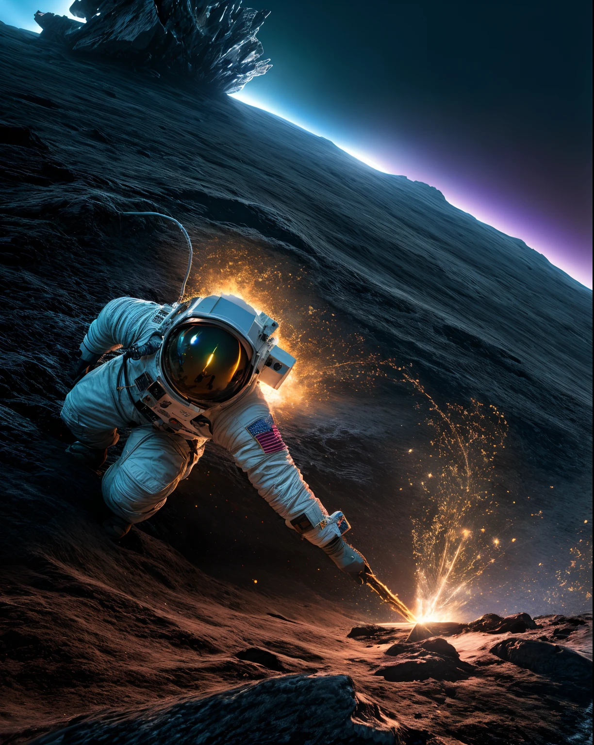 Atronaut with LIGHT SWARD, climbing the asteroid, character render, ultra high quality model, ethereal background, abstract beauty, explosive volumetric, oil painting, heavy strokes, paint dripping HDR (High Dynamic Range) ,Ray Tracing, NVIDIA RTX, Super-Resolution, Unreal 5, Subsurface scattering, PBR Texturing，spacesuit