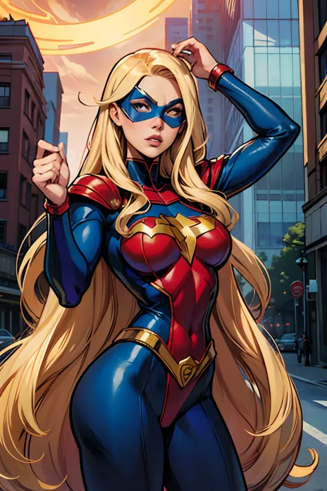 Inspirada na arte de John Romita Sr,1 young superheroine with long blond hair, Blue eyes covered by an emblematic mask, middlebr...