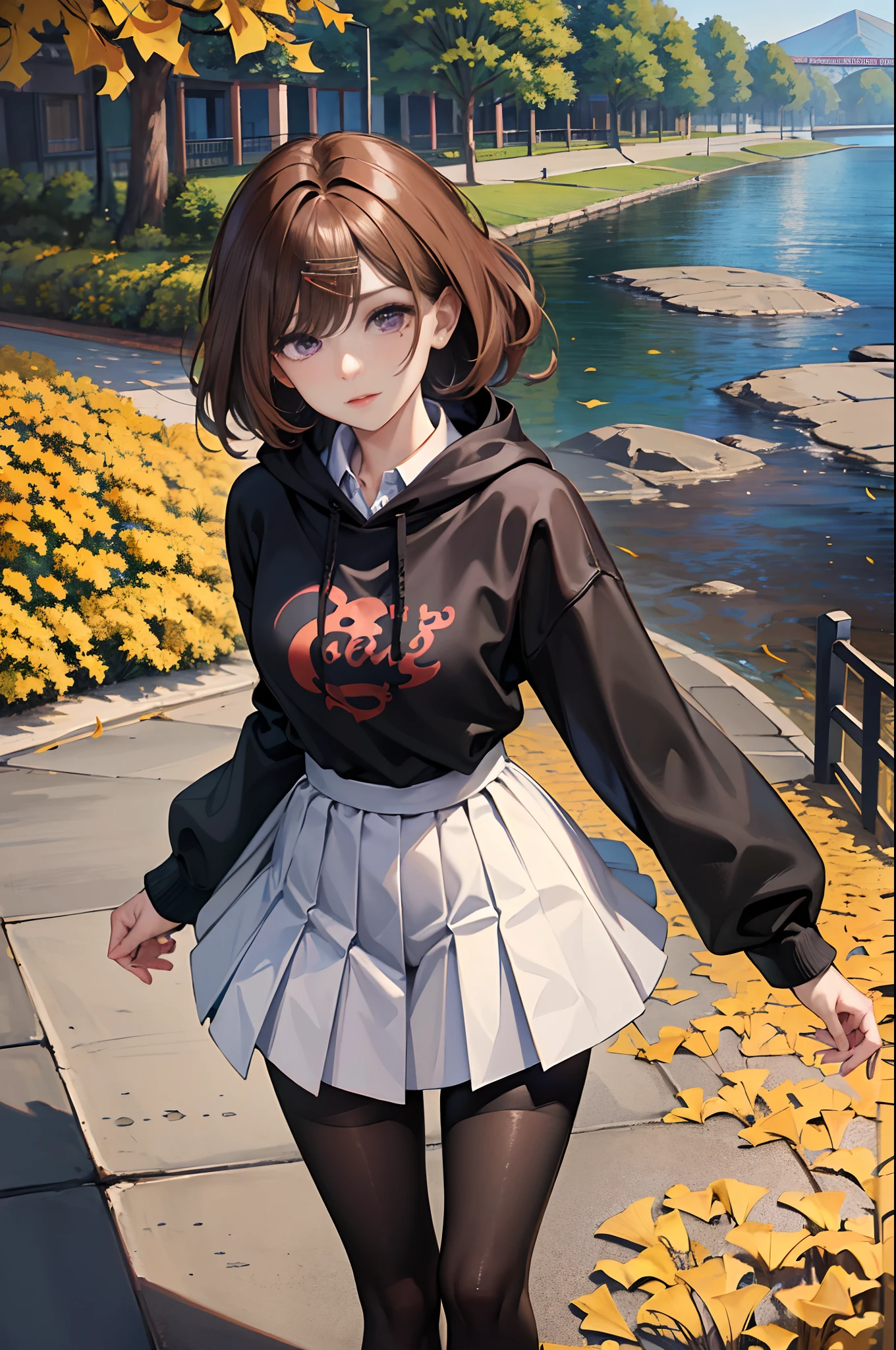 ((masterpiece))、best quality, highres, soft light, rim light, super high resolution, top quality, wonderful, high quality, high resolution, highly detailed CG, masterpiece, best quality, Super detailed,((1girl)), pantyhose, skirt,   hair ornament, hairclip, pleated skirt, long sleeves, bangs, sweater, miniskirt, black hoodie, black pantyhose, grey skirt, collared shirt, purple eyes,(higuchi madoka )、from above,(((Perfect hands))),(((Perfect Anatomy))),((Beautiful detailed eyes: 1.6)),((Very detailed face)),
BREAK
(brown hair)、mole under eye, mole,purple eyes,short hair,
BREAK
Fantastic row of ginkgo treese,Fallen yellow ginkgo leaves,(Walking along the promenade of a brick-paved park), (Colored ginkgo leaves dancing in the wind), (Brown hair fluttering in the wind), Looking at the sky, a fleeting expression, ((The hoodie) He has his left hand in his pocket)) ((raises his right hand in the air)),