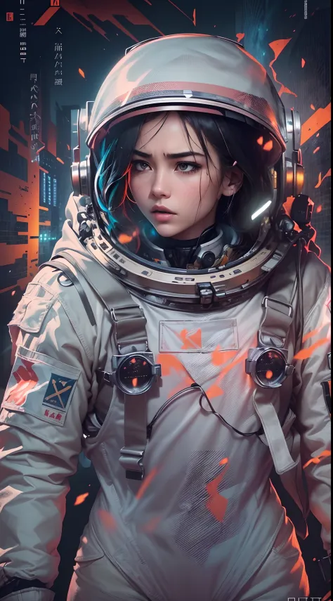((((Dramatic))), (((grittiness))), (((Intense))) The movie poster shows a young woman((The astronaut))is the central figure。(She stands confidently in the center of the poster)。The background is dark and gritty，There is a sense of danger and a strong feeli...