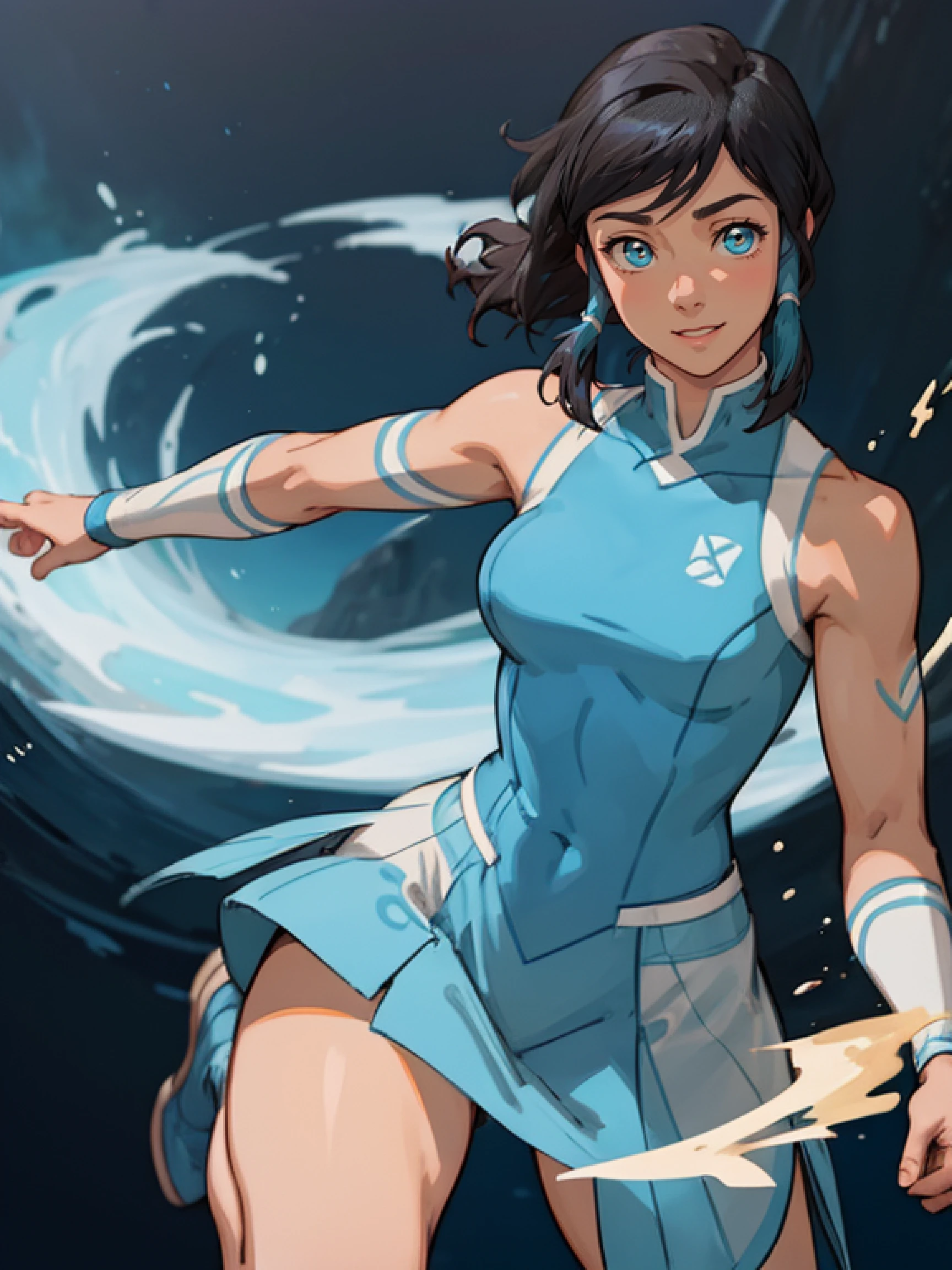 1girl, solo, (masterpiece), best quality, ultra-detailed, Korra from Avatar, Retro style, full body. fashion cloth, fancy. waterbending, happy, sexy smiling