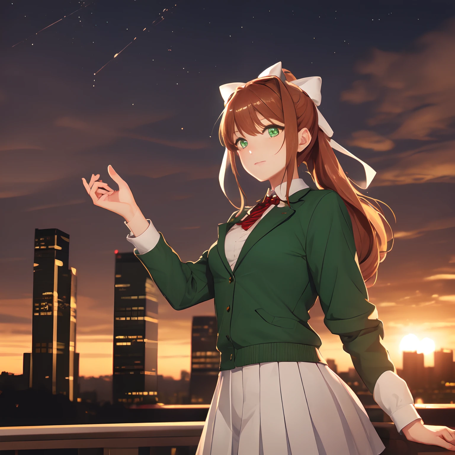 ((Masterpiece), (High quality)), Monika, DDLC, Coral brown hair, big white bow, emerald green eyes, high ponytail, t-shirt, green jacket, ((place: city), (atmosphere: midnight))