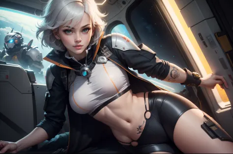 gwen tennyson,ryuuko matoi,y'shtola rhul,tracer,atelier ryza,overwatch,close up,mecha pilot,space port,tattoos,orange and silver plugsuit,white short sleeve lycra top,steel cargo pants,uncovered belly,short hair,cute makeup,green eyes,dimensional golden ha...