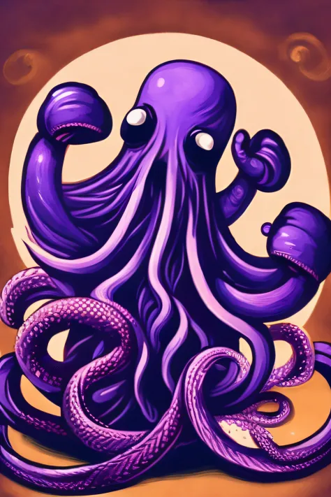Illustration of a purple octopus wearing boxing gloves on its tentacles and a chef's hat on its head