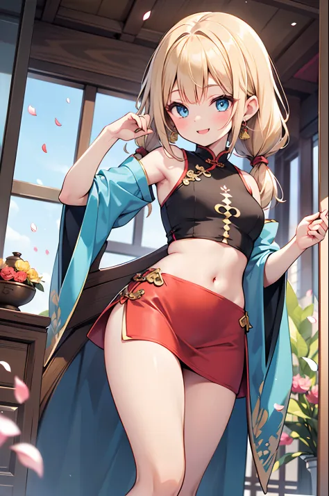 Realistic and detailed image of a girl in a Chinese dress with mini skirt. She has long wavy blonde hair in pigtails. Blue eyes. She has earrings, long eyelashes. she has small breasts, slim waist, very wide hips and thick thighs. smiling, pleased face. Wi...