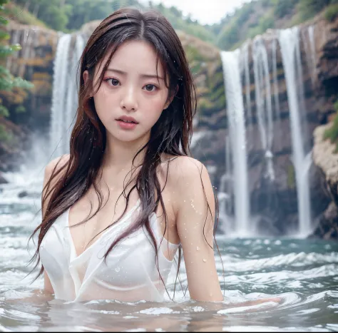 Symmetrical, High Detail RAW Color Photo Professional Close-Up Photo, [:( High Detail Face: 1.2): 0.1], (PureErosFace_V1: 0.8), Double tail, half body, pores, real skin, breast focus, straight up, an 18 year old woman under a waterfall, body in contact wit...