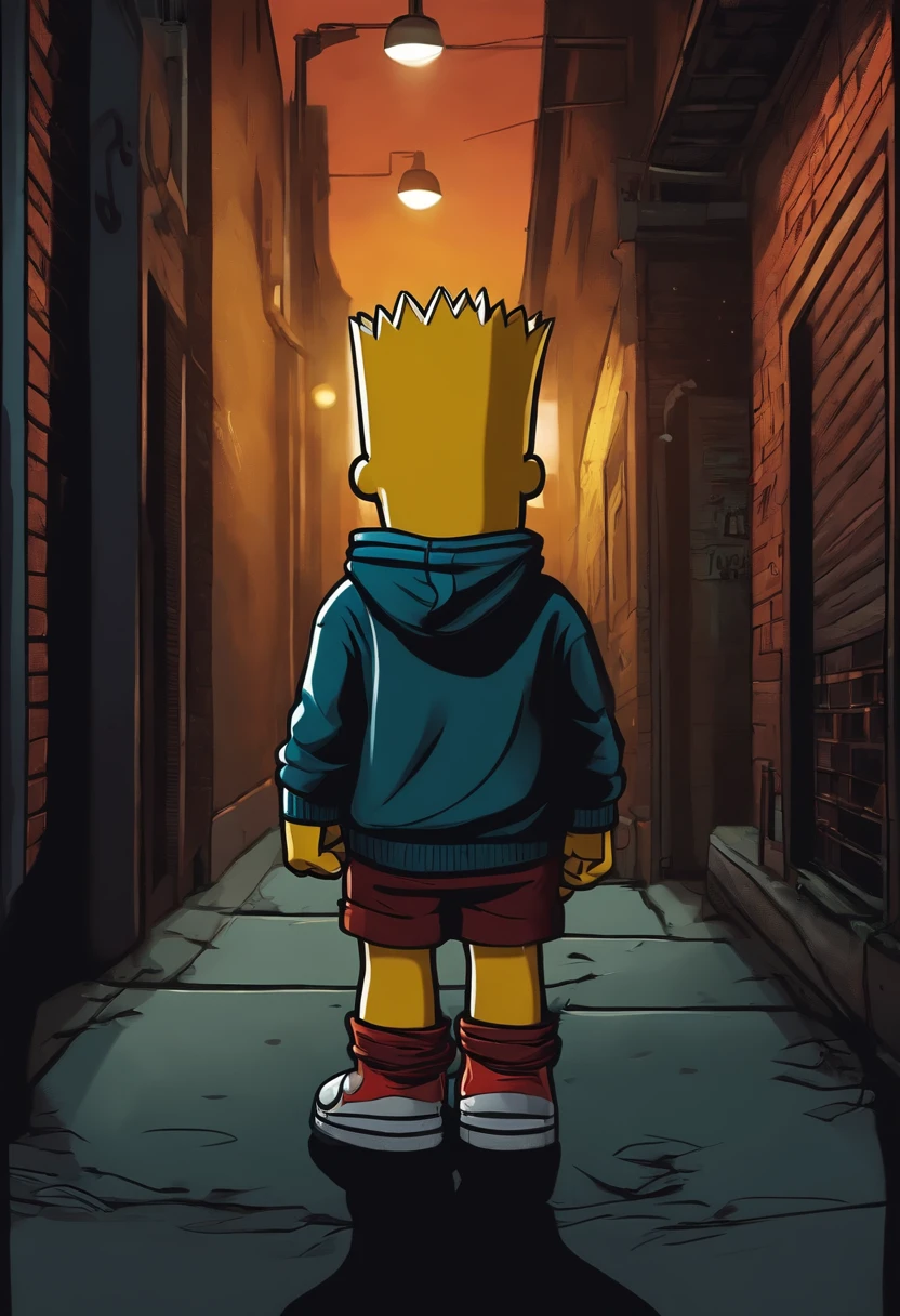 A cartoon of a person standing in a alley with a hoodie on - SeaArt AI