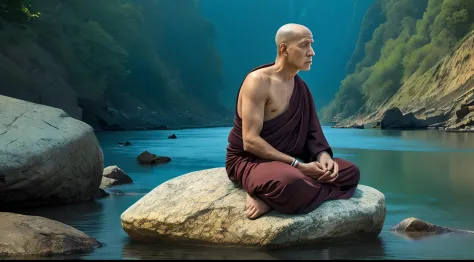 An ancient monk sitting on a rock in meditation bank of the river,details image,background dream colour