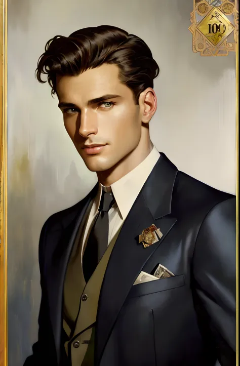 A portrait of a handsome Hugo Boss male model in 1940s, beautiful painting with highly detailed face by Alphonse Mucha, Craig Mu...