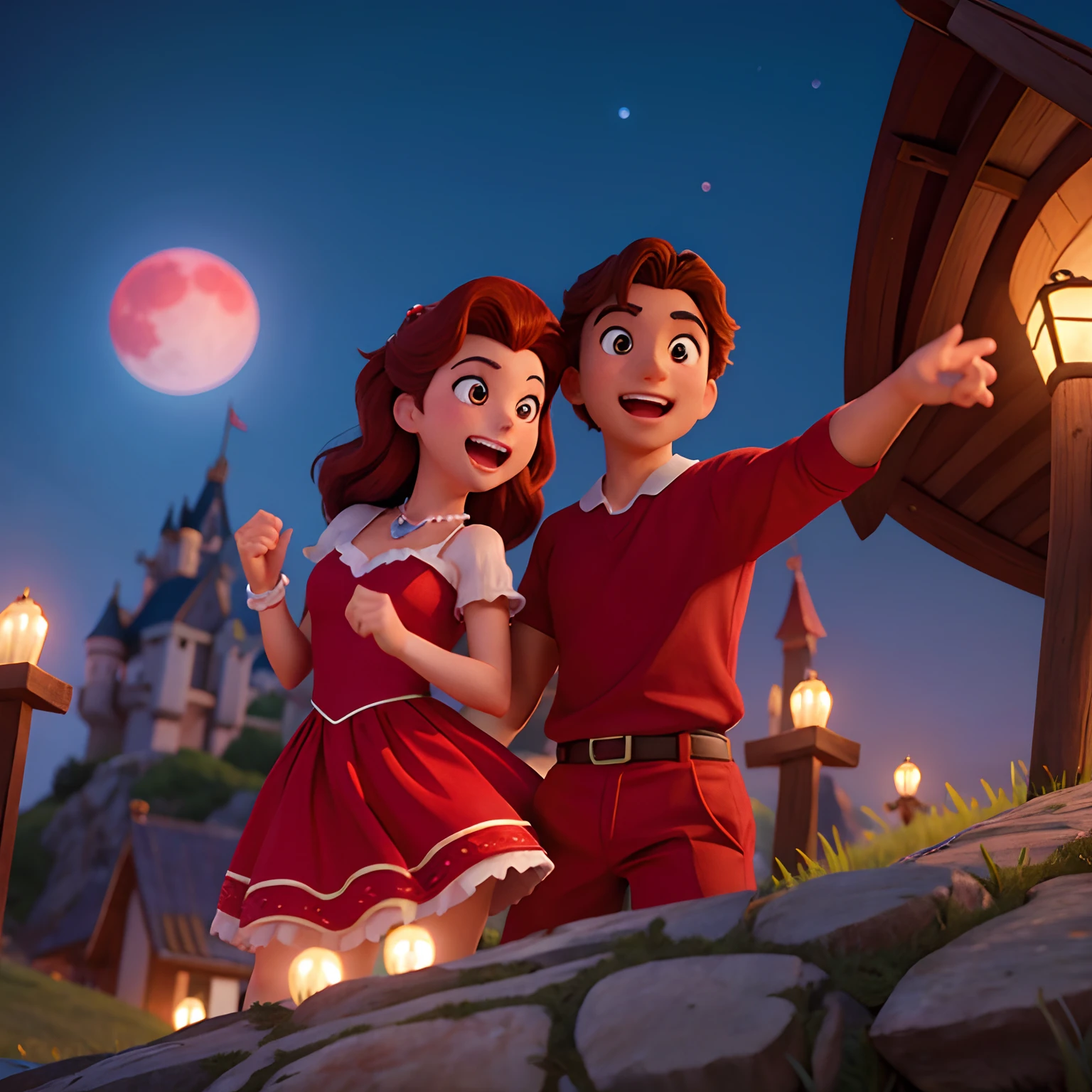 deux couples au clair de lune, nuit, dansant, Affiche du film Disney, au sommet de la montagne, avec la lune rouge