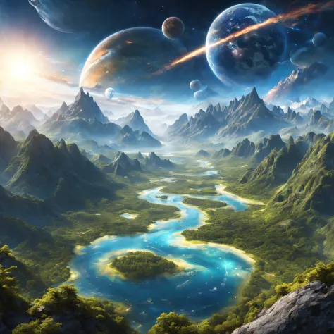 Mountains and Magic Valley Forest Lake, planetes、intergalactic、​​clouds、And a river full of everything and a beautiful sky, A hyper-realistic, 4K, non-blur, shiny, masutepiece, Gorgeous, Beautiful, 8K, UltraHD