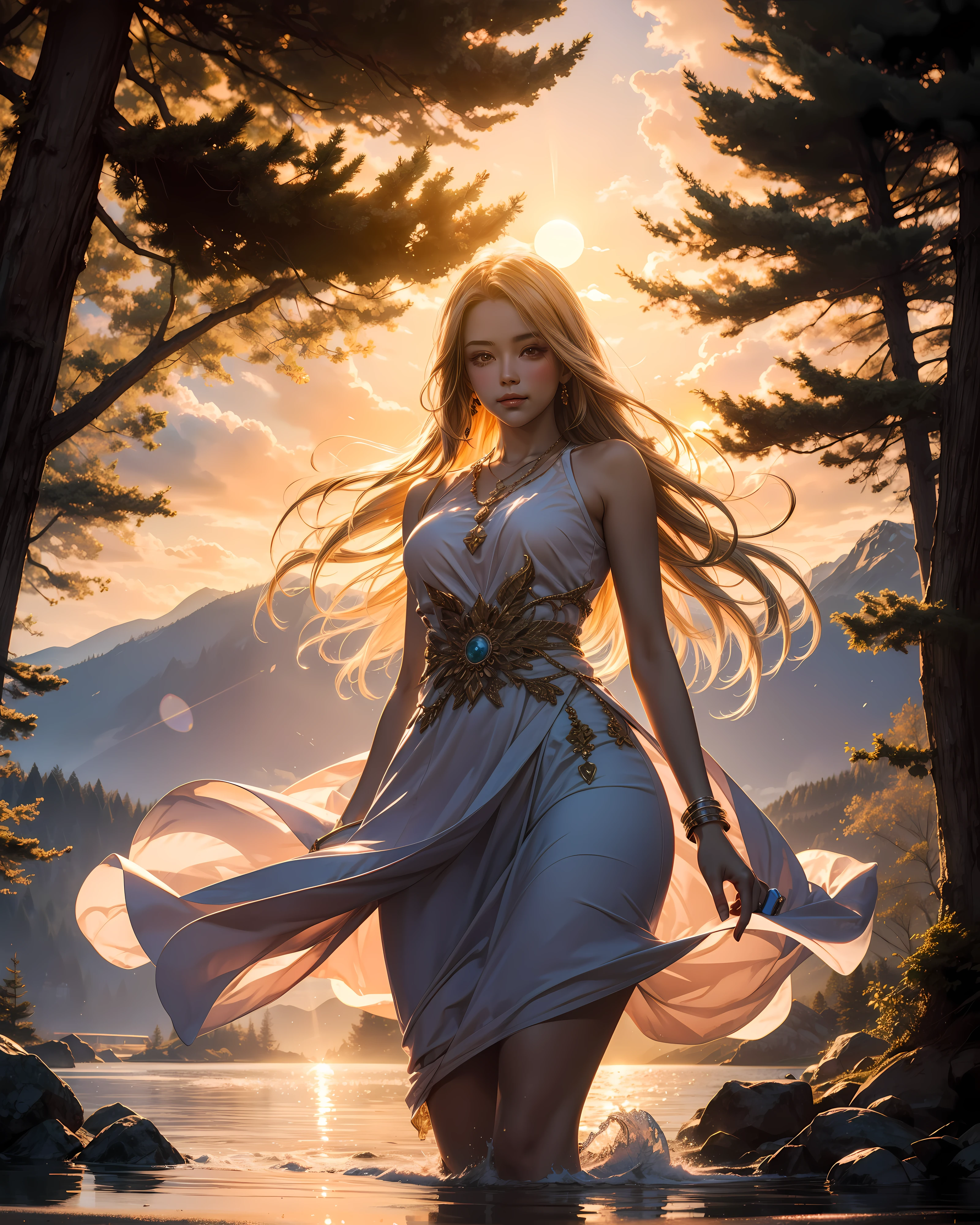 1 girl, happy expression, charming eyes, straight long hair, flowing skirt, big, looking at the sun, calm posture, porcelain-like skin, subtle blush, crystal pendant BREAK Golden Hour, (edge lighting): 1.2, cool colors, sun flare, soft shadows, bright colors, painting effects, fantastic atmosphere BREAK Scenic lakes, distant mountains, pine trees, mountain tops, reflections, sunlit clouds, tranquil atmosphere, idyllic sunrise, Ultra detailed, official art, unified 8k wallpapers, zentangle, mandala