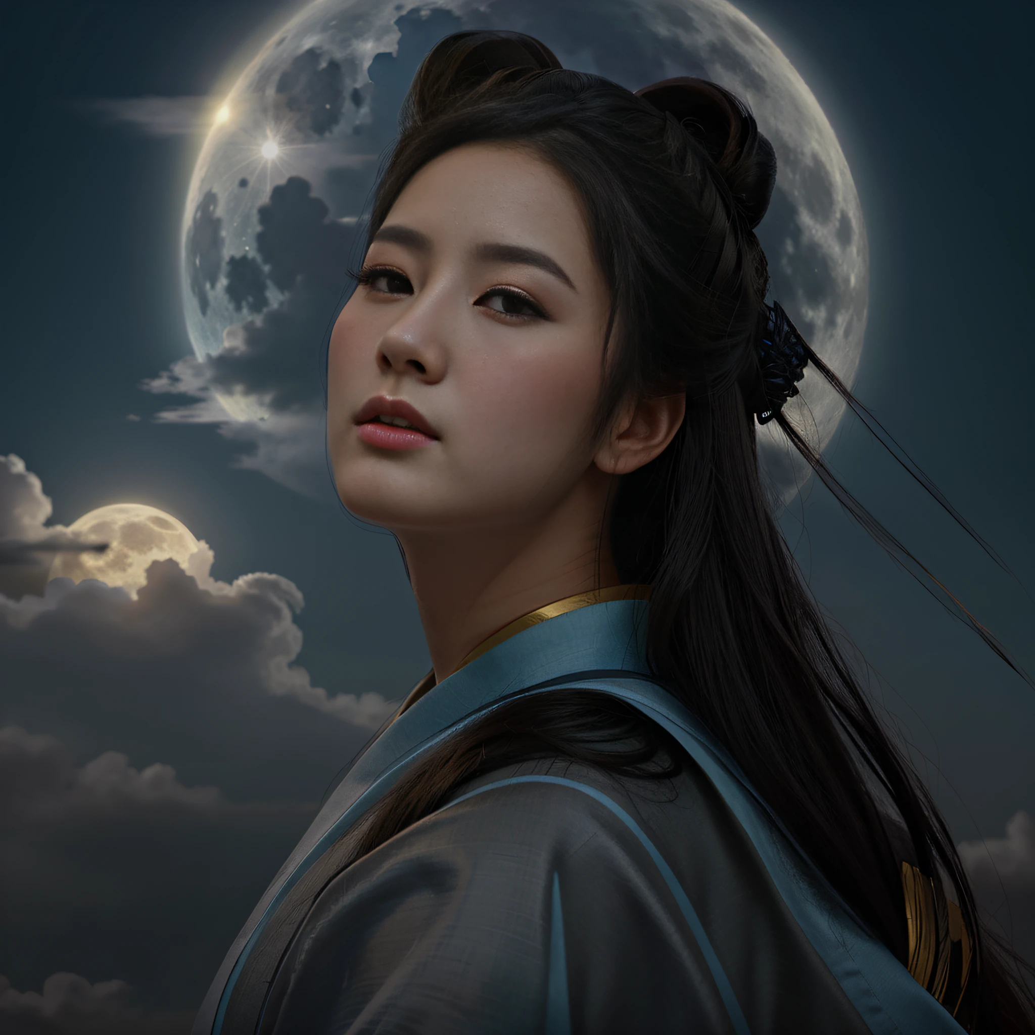 Mujer con pelo largo y negro, y vistiendo un kimono azul, con una luna llena detrás con nubes dispersas, una hermosa ilustración de arte, retrato de mulan, una hermosa emperatriz de fantasía, exquisita ilustración digital, inspirado en Wu Bin, inspirado en Yun Du-seo, Inspirado por Qiu Ying, Inspirado por Ai Xuan, bellezas chinas antiguas, en el estilo artístico de bowater, diosa de la luna.