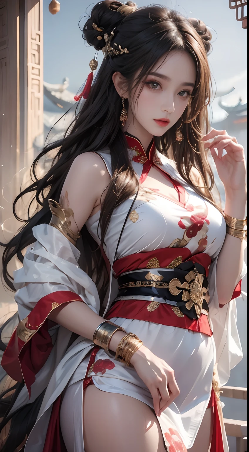 Photorealistic, High resolution, 1 woman, hips up high, Beautiful eyes, Long hair, Ringed Eyes, Jewelry, The tattoo, Hanfu, chinese fairy, Taoist uniform