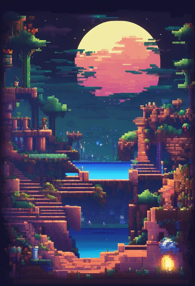 Game world. Night. 3D pixel art 4K wallpaper. Incredible pixel art details. Pixel art. Detailed Unreal Engine pixel art