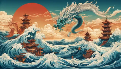 Estilo Vickers, The graphics in the poster design are ocean colors, Chinese dragon in ink painting,, um monge budista orando pac...