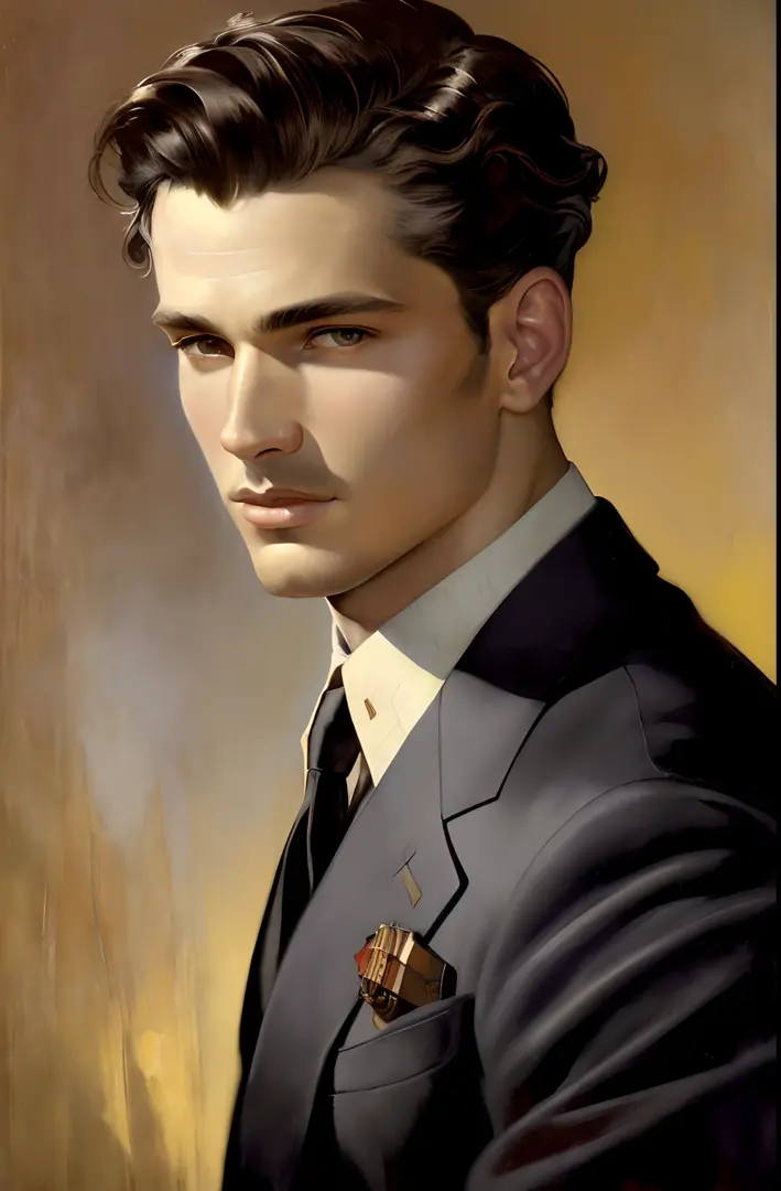 (Masterpiece) portrait of a heavenly handsome Hugo Boss male model in 1940s, beautiful painting with highly detailed face by Alp...