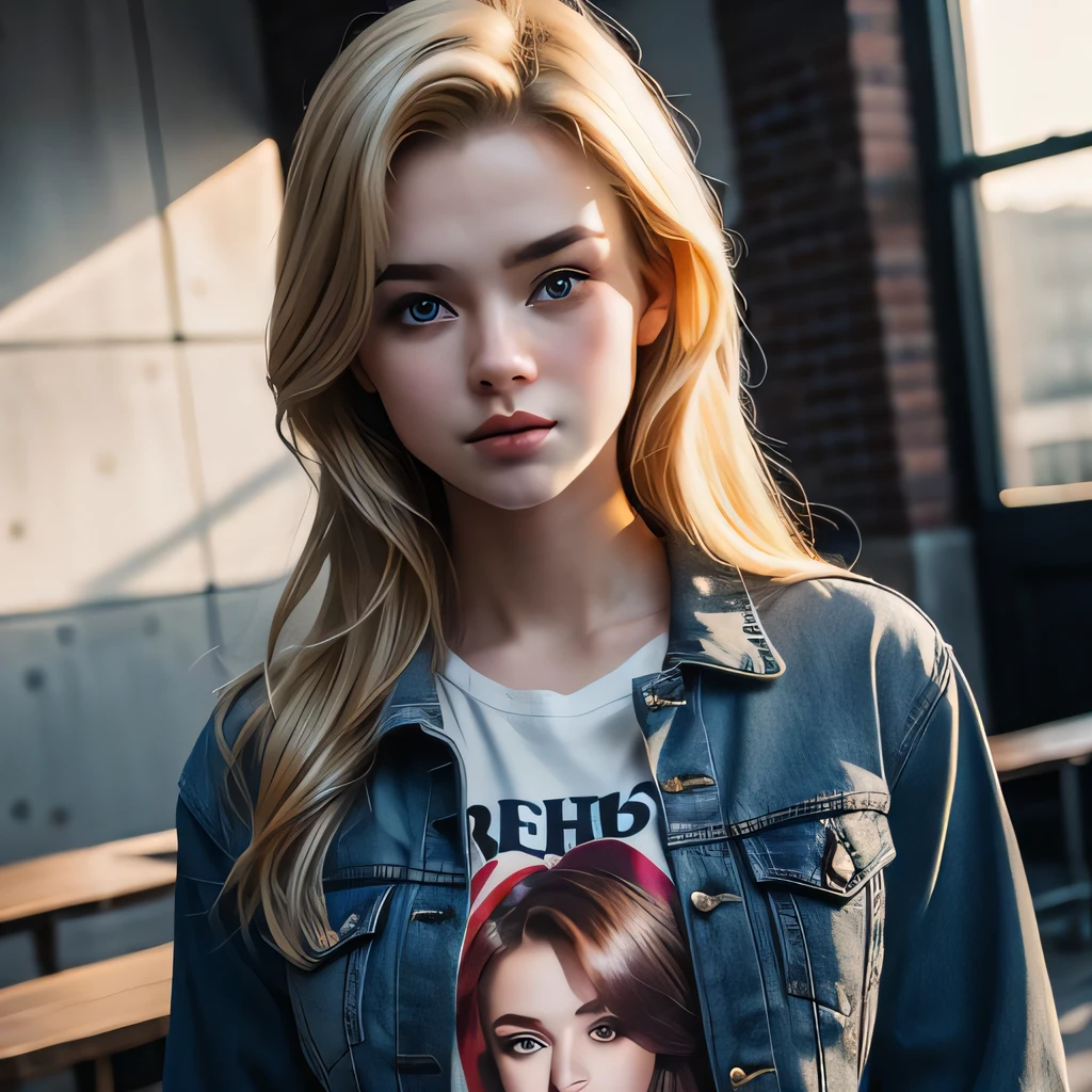 dramatische Beleuchtung, Mädchen, Schön, hübsch, best render, realistisch, Teenager, blonde, posiert, Toller Körper, Oberkörperporträt, sfw, Kleidung, regelmäßig gekleidet, Jacke, T-Shirt