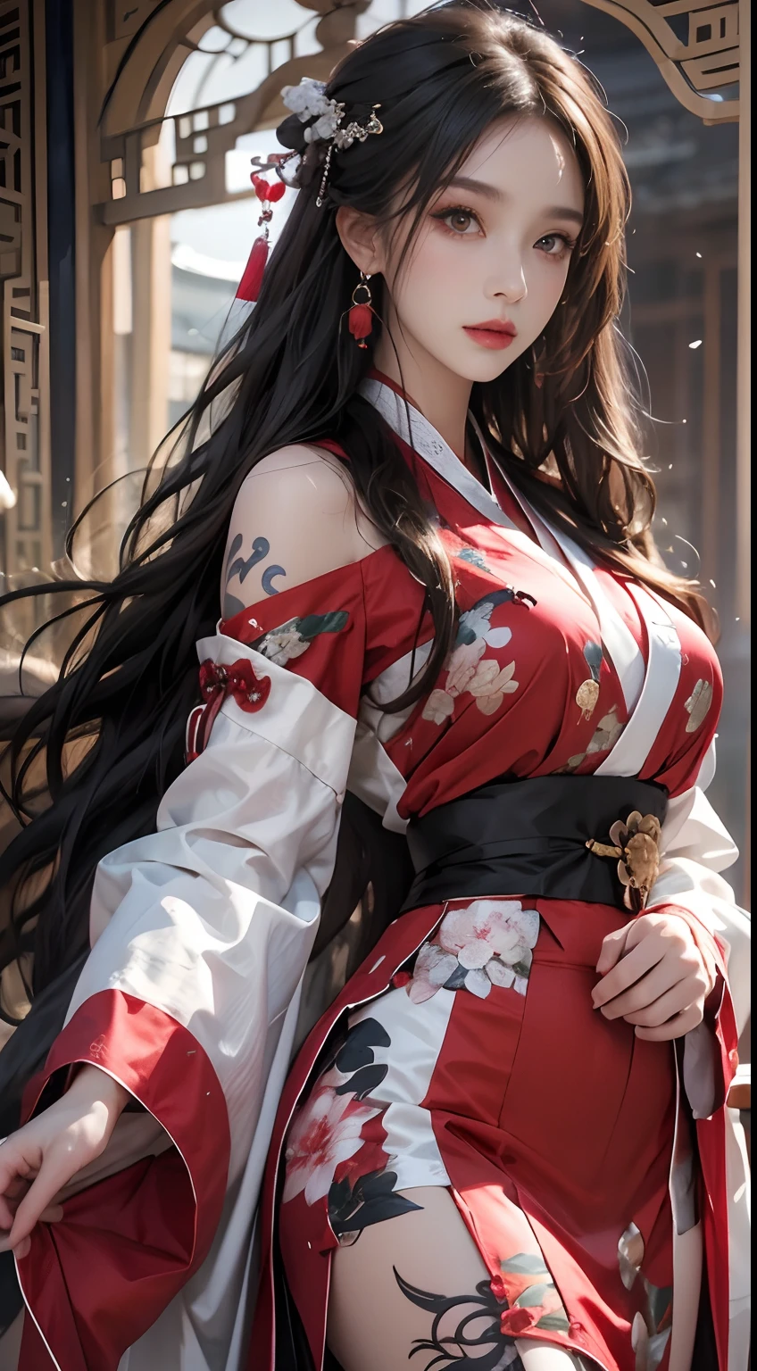 photoréaliste, Haute résolution, 1 femme, hanches hautes, Beaux yeux, cheveux longs, yeux cernés, bijoux, Le tatouage, Hanfu, Fée chinoise, uniforme taoïste、kimono