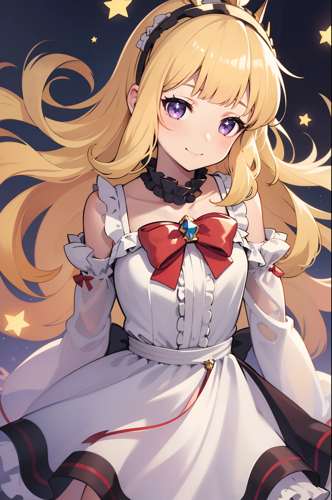 1girl, solo, character illustration, blonde hair, purple eyes, Cagliostro, long hair, CagliostroGrand, white dress, long sleeves, detached sleeves, frills, frilled dress, hairband, small breasts, smile, grin, evil smile, closed mouth, face focus, arms behind back, upper body, looking away, (leaning forward), playful pose, stars decorations, cute girl, sparkles, white background, transparent background, beautiful illumination, sun rays, trending on pixiv, masterpiece, 8k, best quality