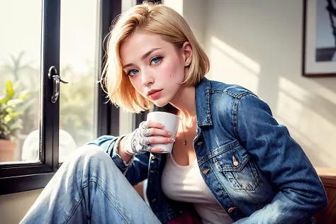 (((1 girl,  cute, denim jacket, white top, jeans, Gloves, blond, short hair, bob hair,  side parted hair, blue eyes))), (((blond hair))), 
dynamic poses, manga style, 
solo, sitting, a young and beautiful woman holding a cup of coffee with both hands, look...