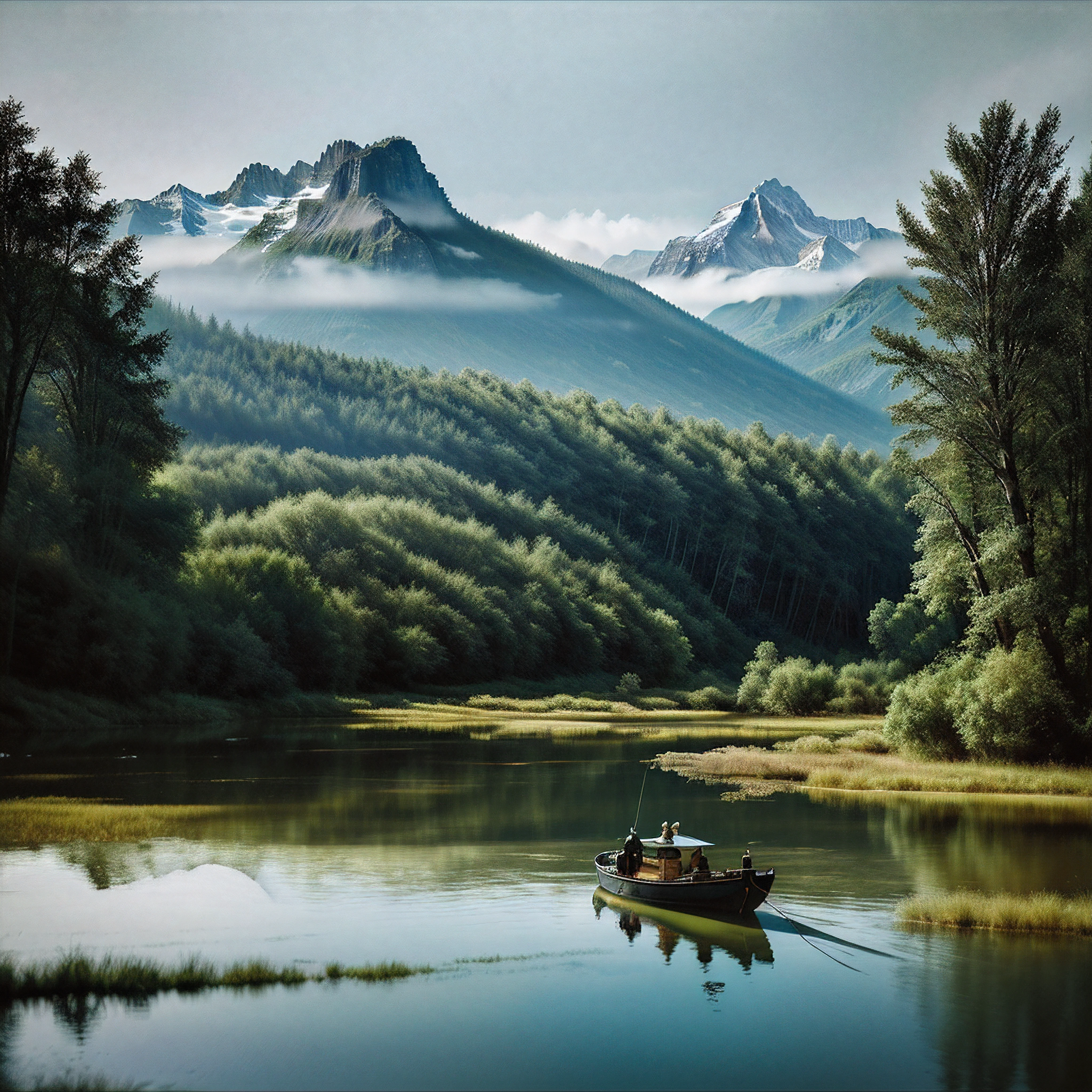 landscape painting，ink and watercolor painting，water ink，ink，Smudge，Faraway view，Ultra-wide viewing angle，Meticulous，Light boat in the distance，Faraway view，Meticulous，the trees，Smudge，low-saturation，Low contrast，The light boat has crossed the Ten Thousand Heavy Mountains，Beautifully depicted，A detailed，acurate，Works of masters，tmasterpiece