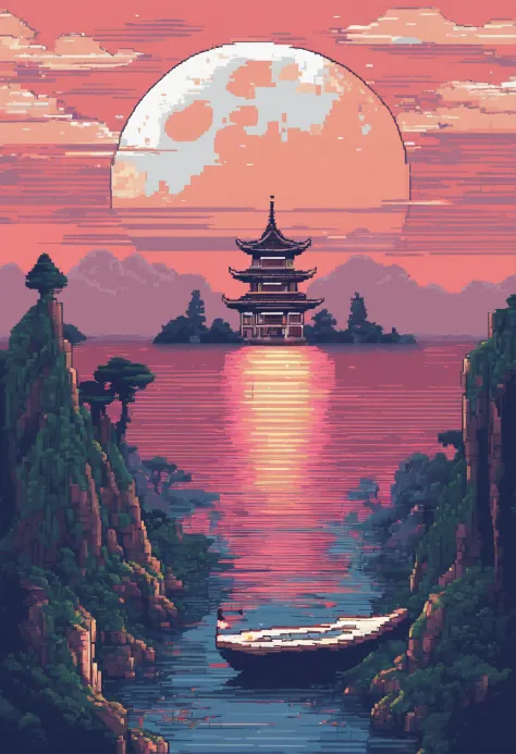 Pixel art of giant moon rising on calm sea, beautiful detailed pixel art, detailed pixel art,Chinese Ancient Architecture， lo-fi retro videogame, concept pixelart, detailed pixel artwork, Pixel art style, pixel town, pixel art animation, high quality pixel art, Dolphins jump out of the sea, super detailed color lowpoly art, #pixelart:3, # pixelart, #pixelart