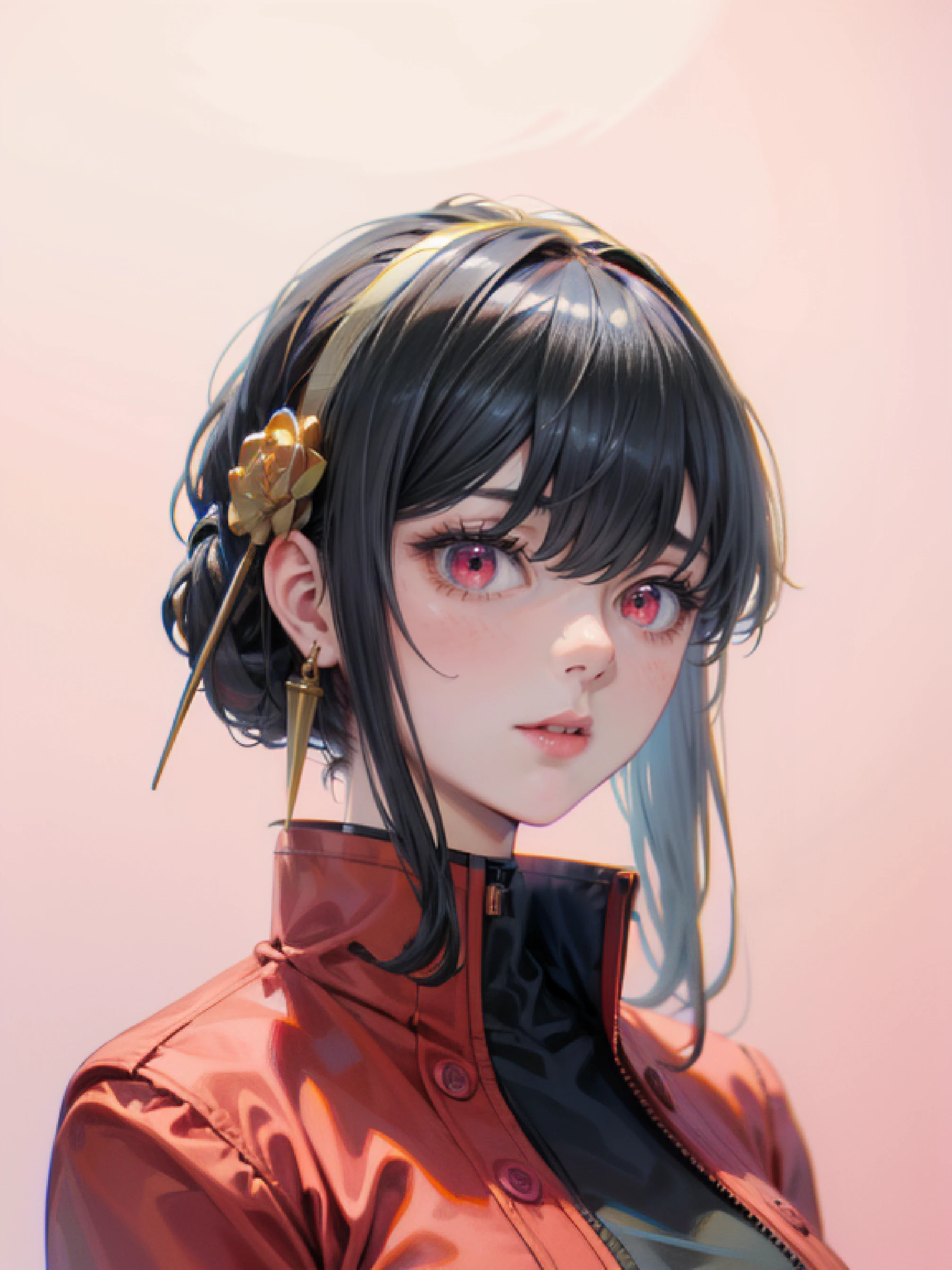 (Surreal), (Illustration), (High resolution), (in 8K), (Extreme Detail), (Best Illustration), (beautiful detail), (Best Quality), (masuter piece), (Wallpaper), ( Detailed face), Yor Forger、red eyes, pink fancy coat, Bullish appearance、 Realistic fantasy rendering, Realistic anime girl rendering, Full body portrait, (middle Breast: 1.4) popular in CGSTATION, 4K、highlight in eyes、PINK background