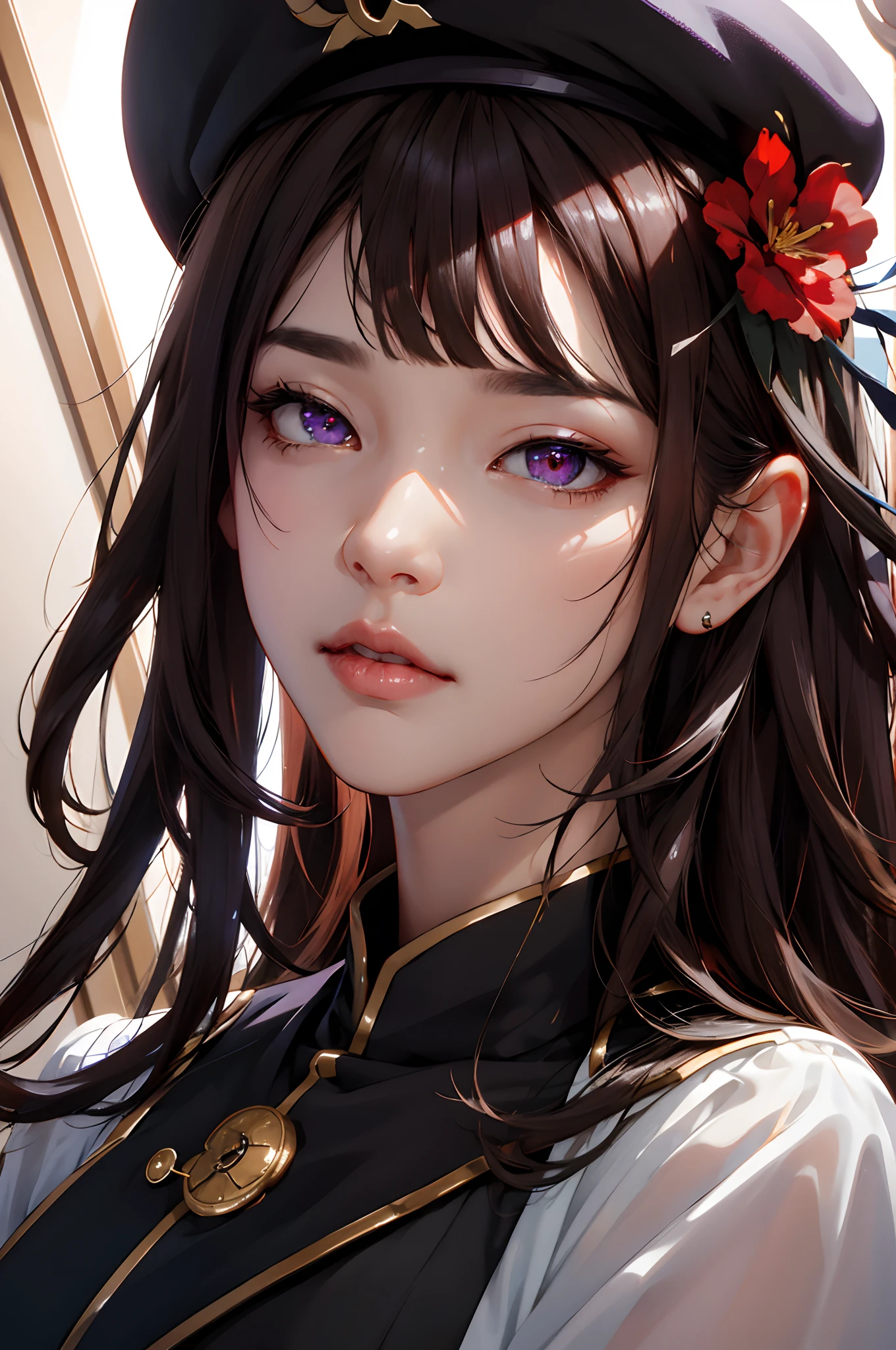 Face, gros-plan, up close shot, Shiny hair, clothes shiny, shiny, extremely detailed eye, Extreme details, Realistic, Cinematic, Detailed, masutepiece, 4K, 8K, , PunkAI,, Fantasy AI_Burple,, Indoors, Hu Tao (GenshinImpact), GenshinImpact, hat, symbol-shaped pupils, Red Eyes, Brown hair, star-shaped pupils, flower-shaped pupils, Bangs, Black nails, black headwear