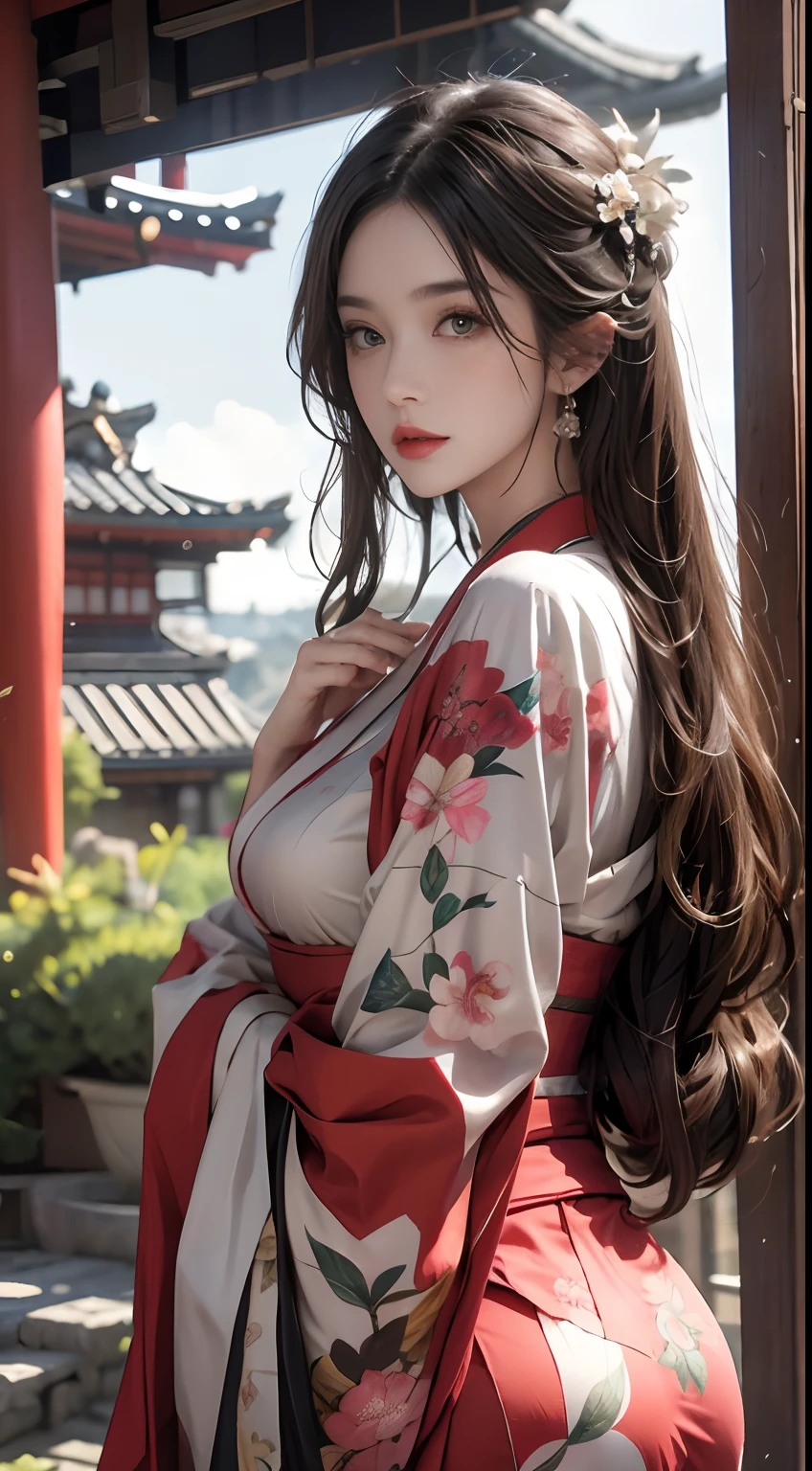Edificios históricos en Japón、Llevar un kimono con estampado floral、Motor irreal:1.4,nffsw,la mejor calidad:1.4, Photorealista:1.4, textura de la piel:1.4, ​obra maestra:1.8, 1 mujer, caderas en alto, hermosos ojos, el de pelo largo, ojos anillados, joya, El tatuaje, Kimono