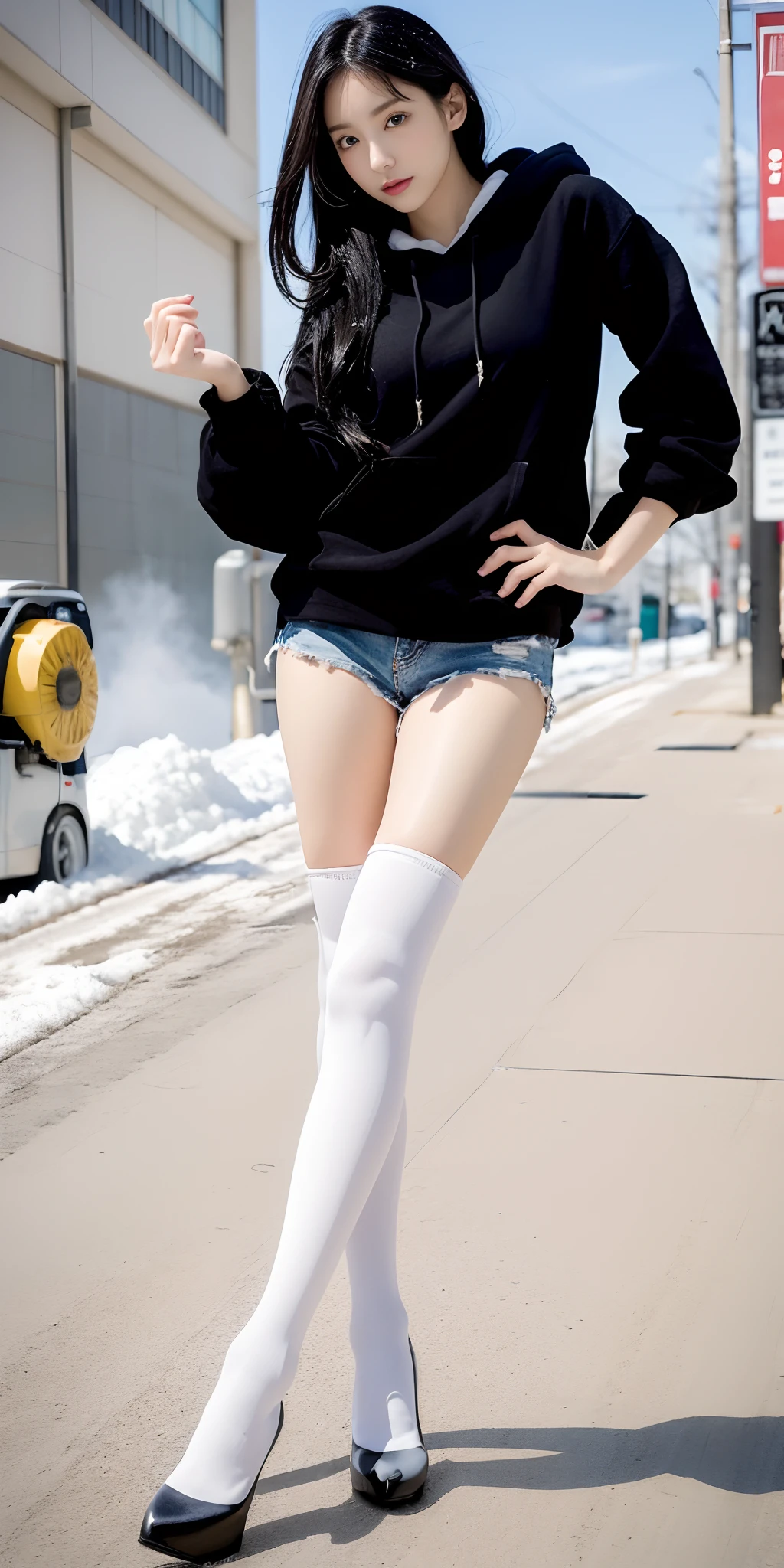 Araffe asian woman in short shorts and black hoodie posing on a street -  SeaArt AI