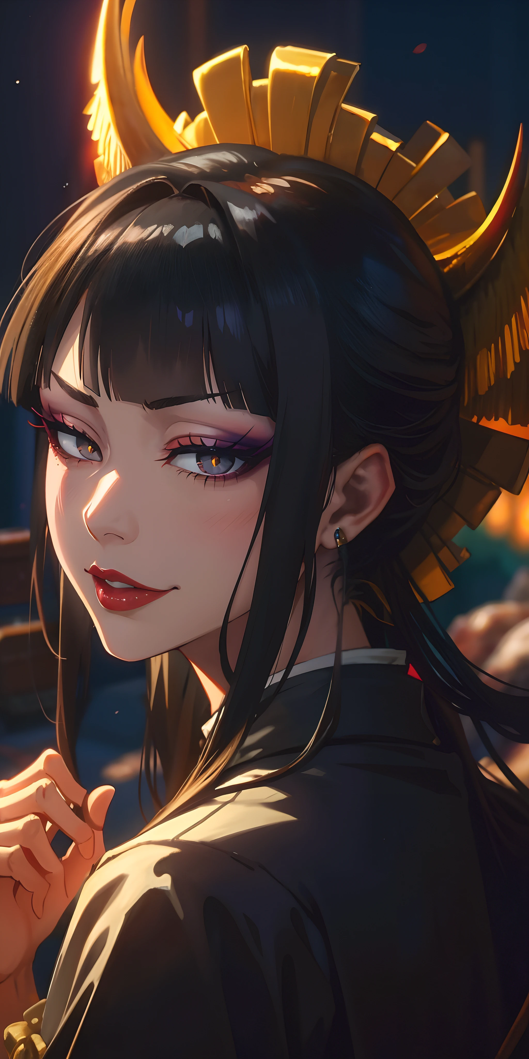 senjumaru shutara, (long hair, bangs, blunt bangs, black hair, sidelocks:1.5), (black eyes:1.5), makeup, lipstick, red lipstick, earrings, jewelry, solo, looking_at_viewer, upper_body, androgynous, letterboxed, simple_background, gold_trim,, chinese_clothes, green_dress, glow effects, godrays, Hand drawn, render, 8k, octane render, cinema 4d, blender, dark, atmospheric 4k ultra detailed, cinematic, Sharp focus, big depth of field, Masterpiece, colors, 3d octane render, 4k, concept art, trending on artstation, hyperrealistic, Vivid colors, extremely detailed CG unity 8k wallpaper, trending on CGSociety, Intricate, High Detail, dramatic, anime coloring, anime screencap,