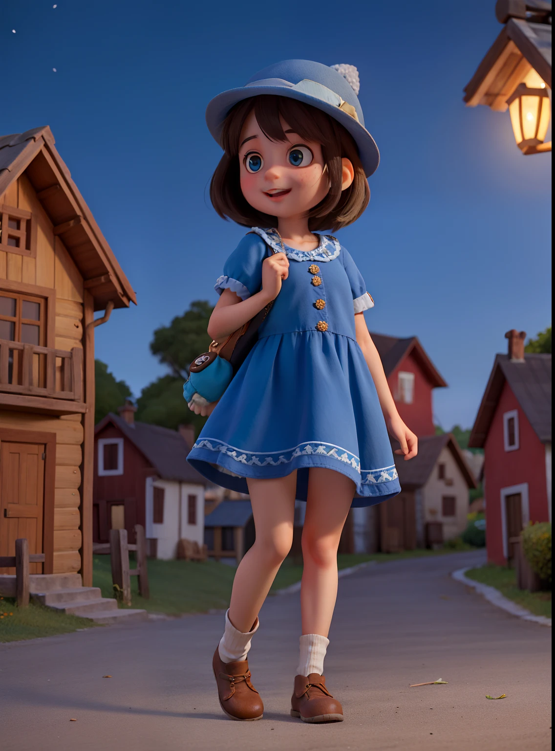 Una niña en un bosque con un sombrero azul y un corazón en medio.